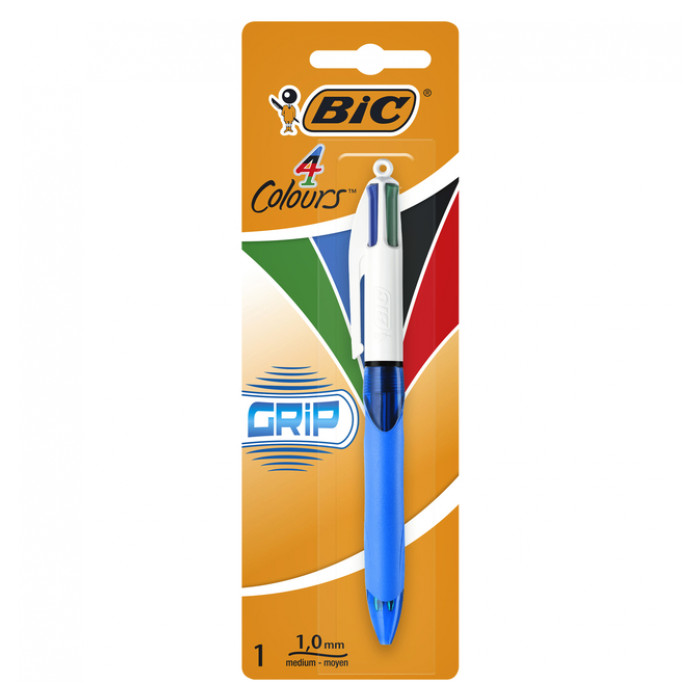 Balpen Bic 4kleuren grip medium blauw blister à 1 stuk