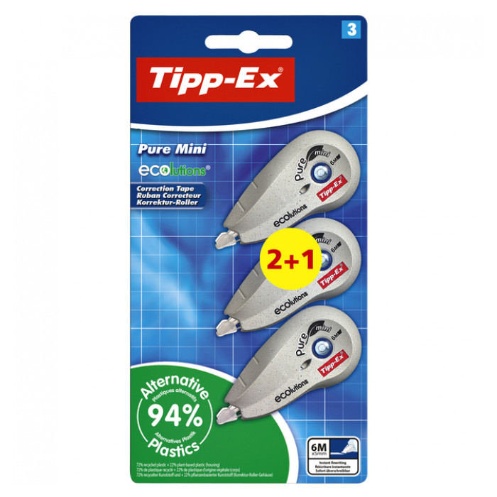 Correctieroller Tipp-ex mini pure ecolutions 5mmx6m blister 2+1 gratis