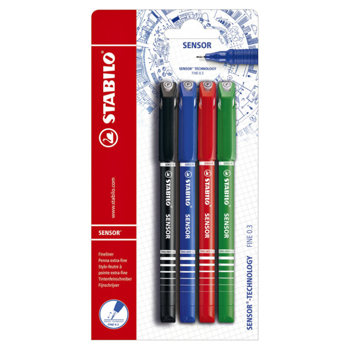 Fineliner STABILO Sensor 14900 fijn assorti blister à 4 stuks