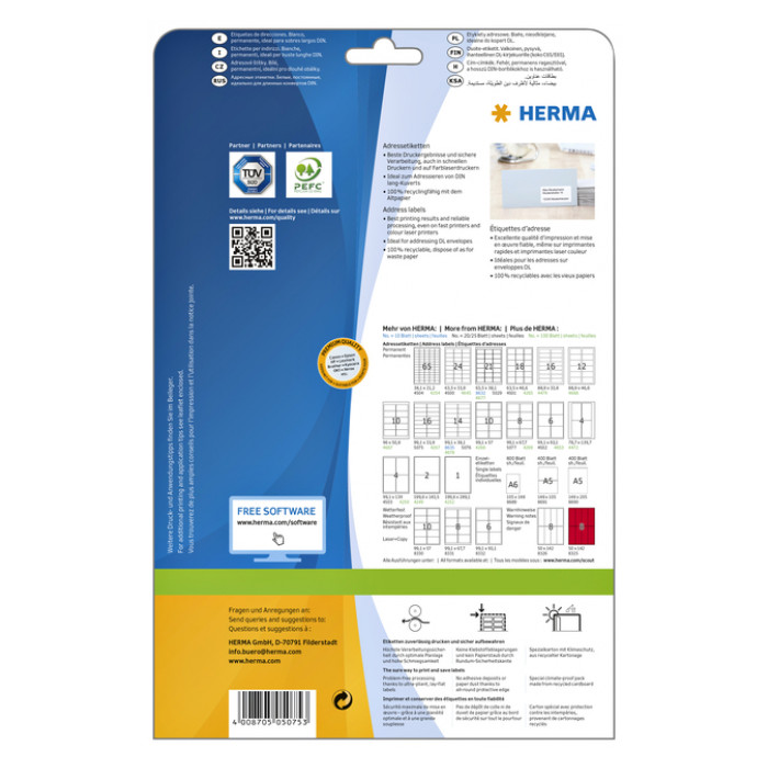 Etiket HERMA 5075 A4 99.1x33.8 mm premium 400stuks wit