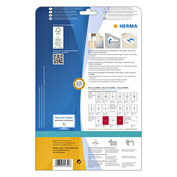 Etiket HERMA 4349 A4 96x50.8mm verwijderbaar wit 250 etiketten