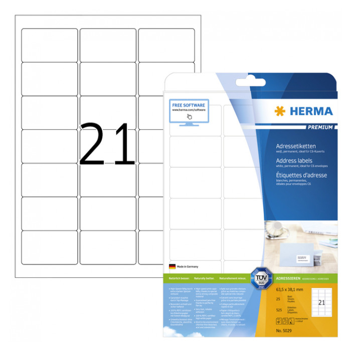 Etiket HERMA 5029 A4 63.5x38.1mm premium 525stuks wit