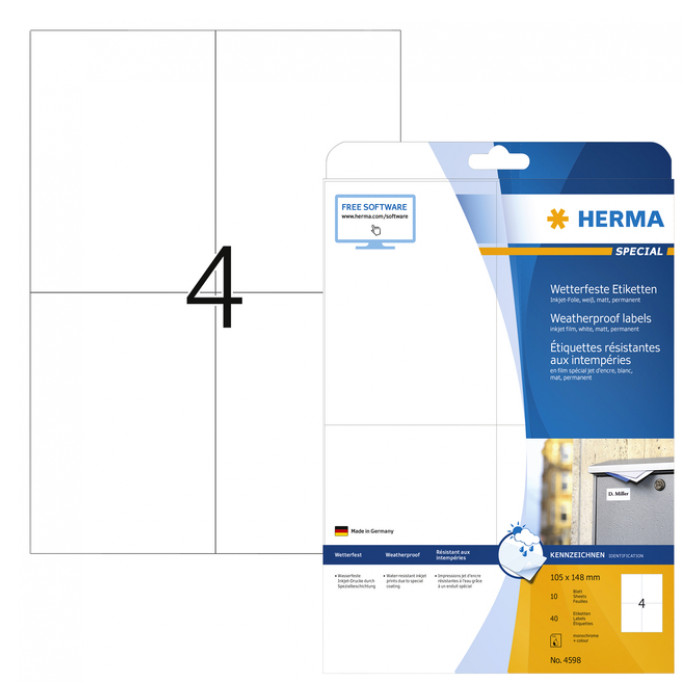 Etiket HERMA 4598 105x148mm A4 folie wit 40stuks