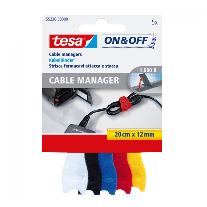 Kabelmanager tesa® On & Off 12mmx20cm diverse kleuren 5 stuks