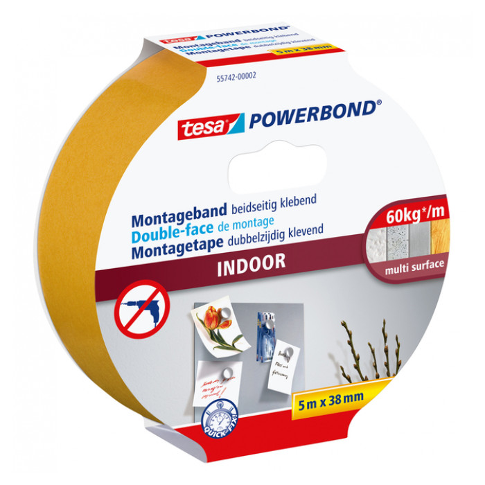 Montagetape tesa® Powerbond Indoor dubbelzijdig klevend 5mx38mm wit