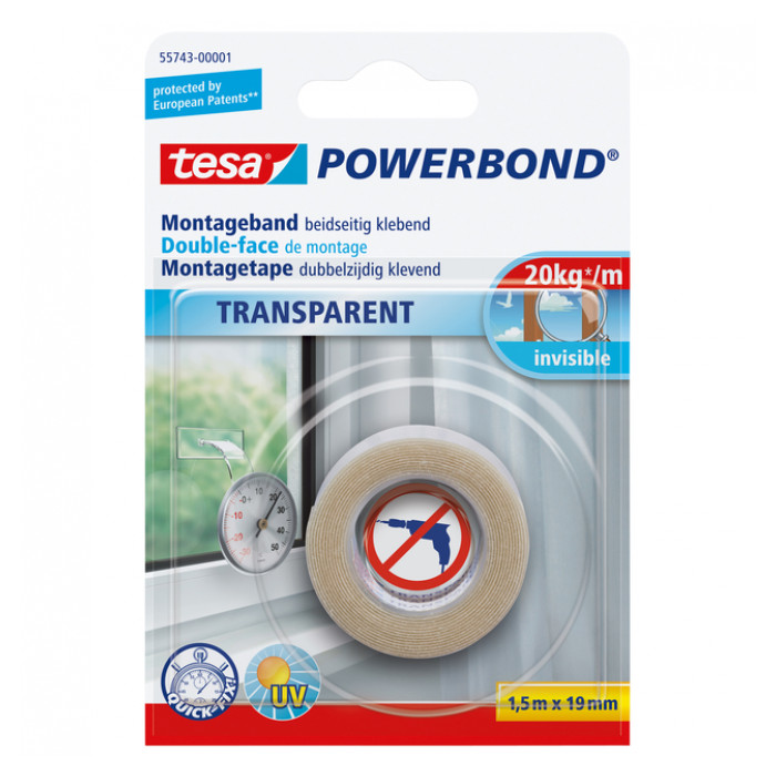 Montagetape tesa® Powerbond dubbelzijdig 1,5mx19mm transparant