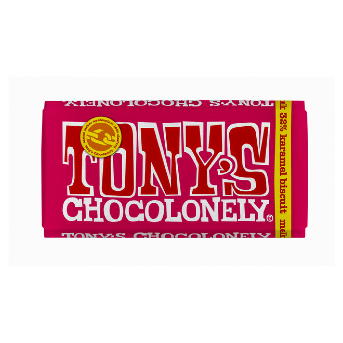 Chocolade Tony's Chocolonely melk karamel biscuit reep 180gr