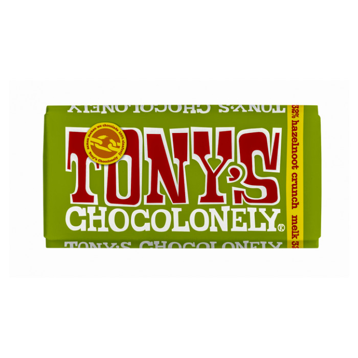 Chocolade Tony's Chocolonely melk hazelnoot crunch reep 180gr
