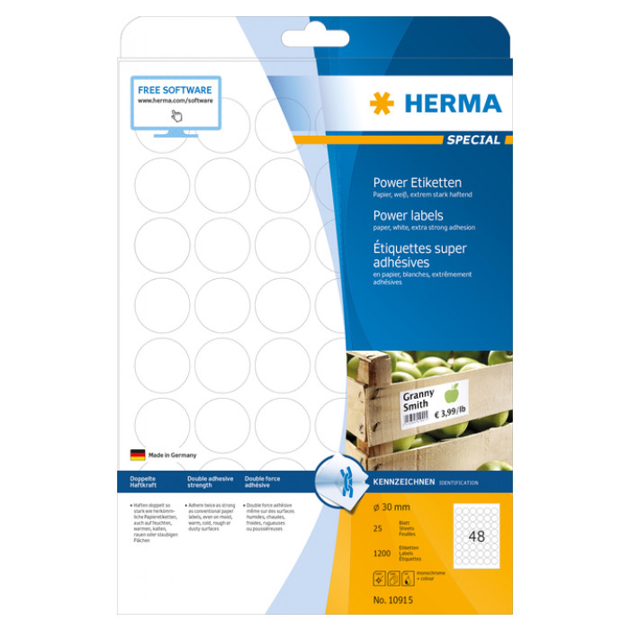 Etiket HERMA Power 10915 rond 30mm wit 1200stuks