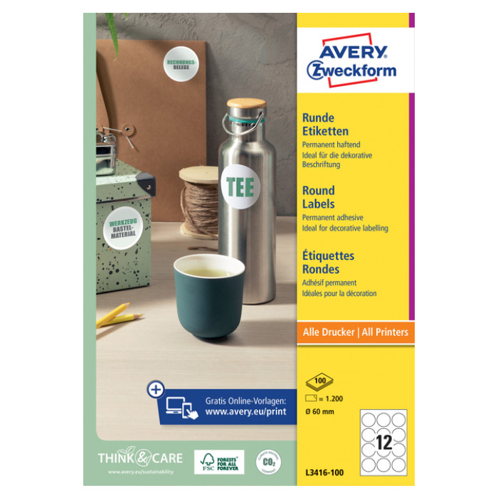 Etiket Avery Zweckform L3416 rond 60mm wit 1200stuks