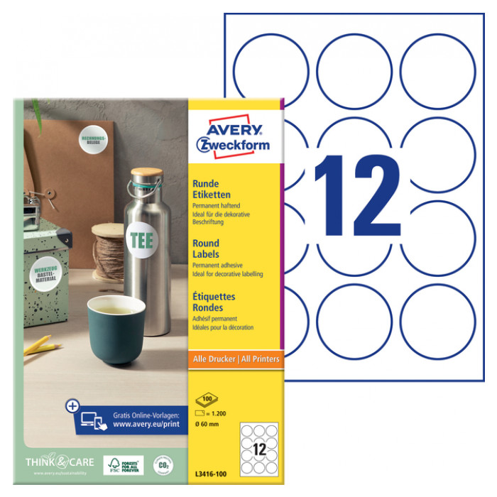 Etiket Avery Zweckform L3416 rond 60mm wit 1200stuks