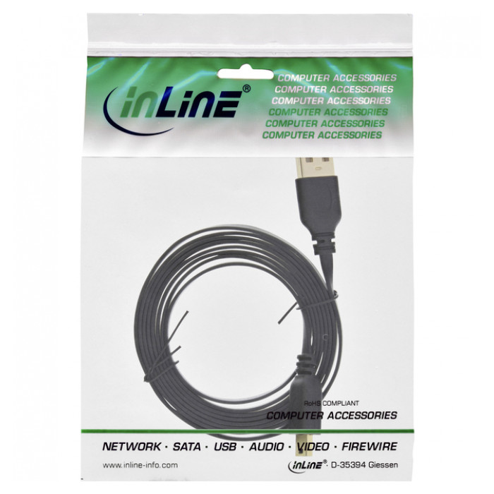 Kabel InlLne USB-A mini-B 2.0 platte kabel 2 meter zwart