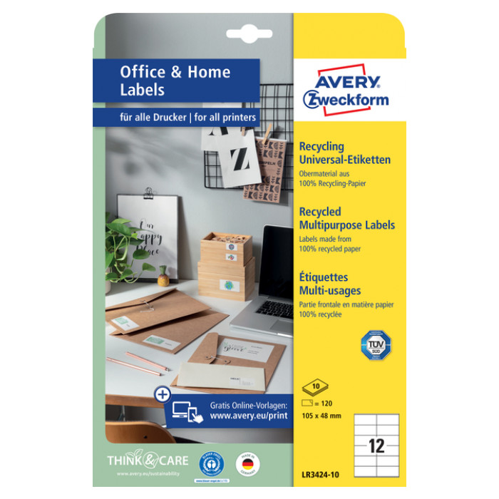 Etiket Avery Zweckform LR3424-10 105x48mm recycled wit 120stuks