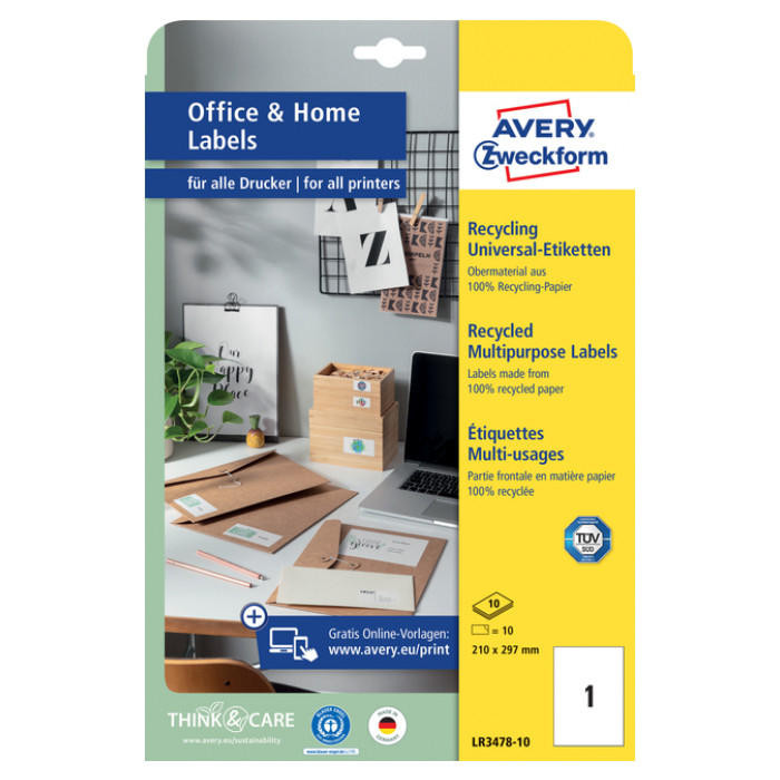 Etiket Avery Zweckform LR3478-10 210x297mm recycled wit 10stuks