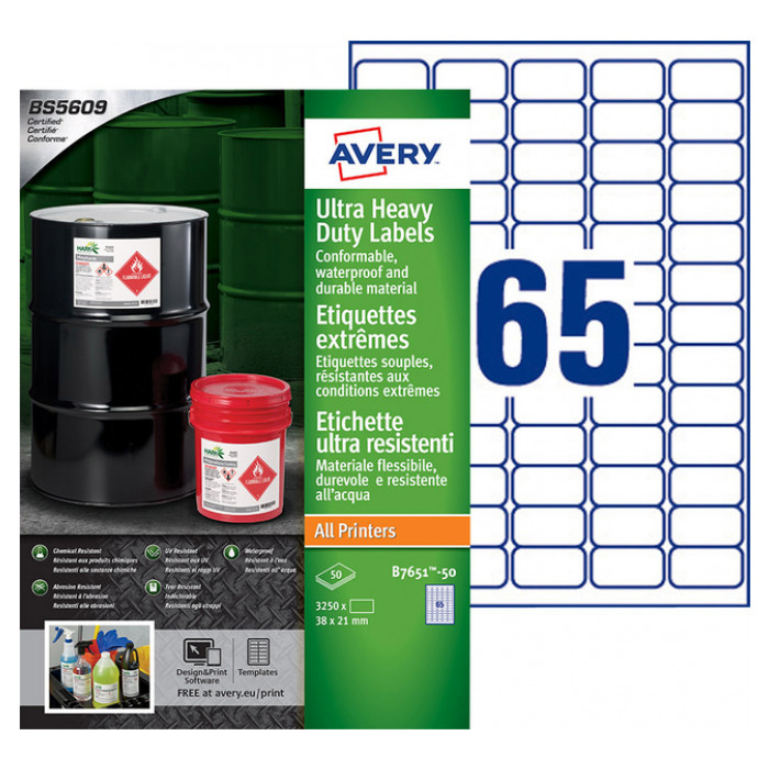 Etiket Avery B7651-50 38x21mm polyethyleen wit 3250stuks