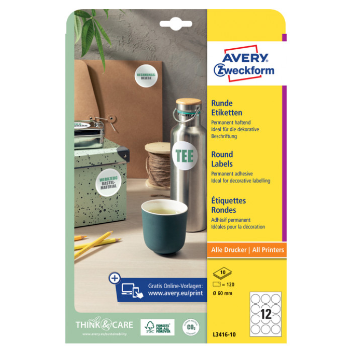 Etiket Avery Zweckform L3416-10 rond 60mm wit 120stuks