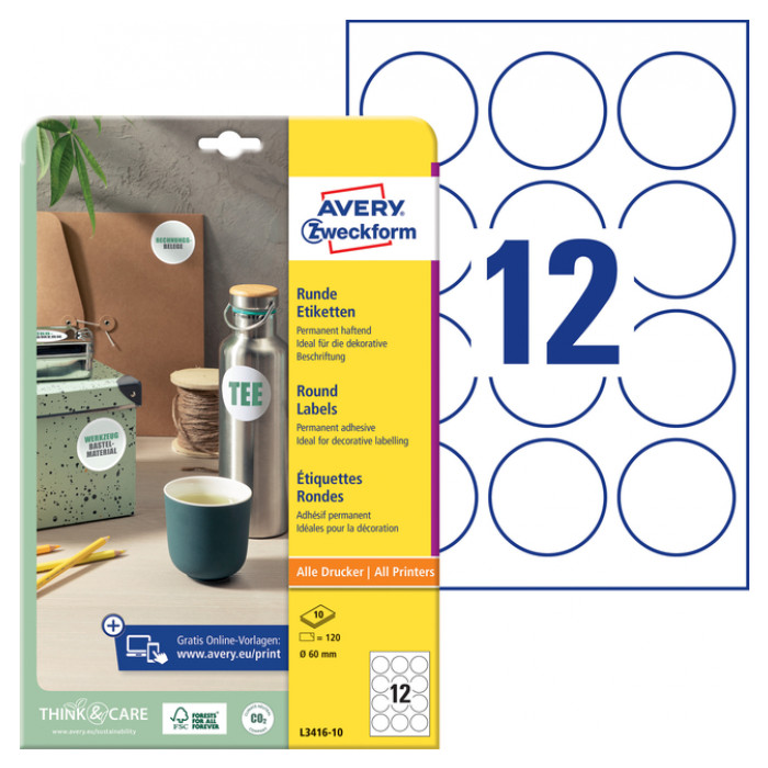 Etiket Avery Zweckform L3416-10 rond 60mm wit 120stuks