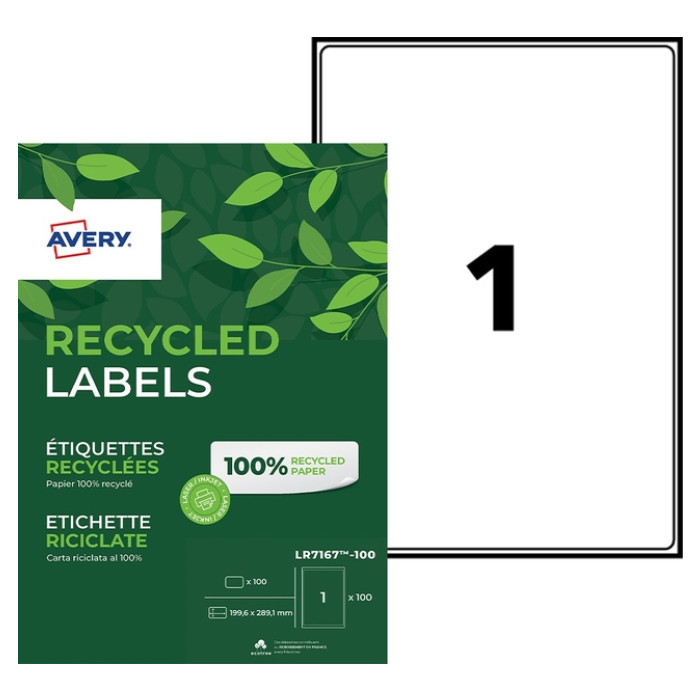 Etiket Avery LR7167-100 199.6x289.1mm recycled wit 100stuks