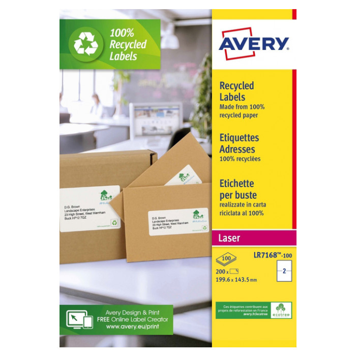 Etiket Avery LR7168-100 199.6x143.5mm recycled wit 200stuks