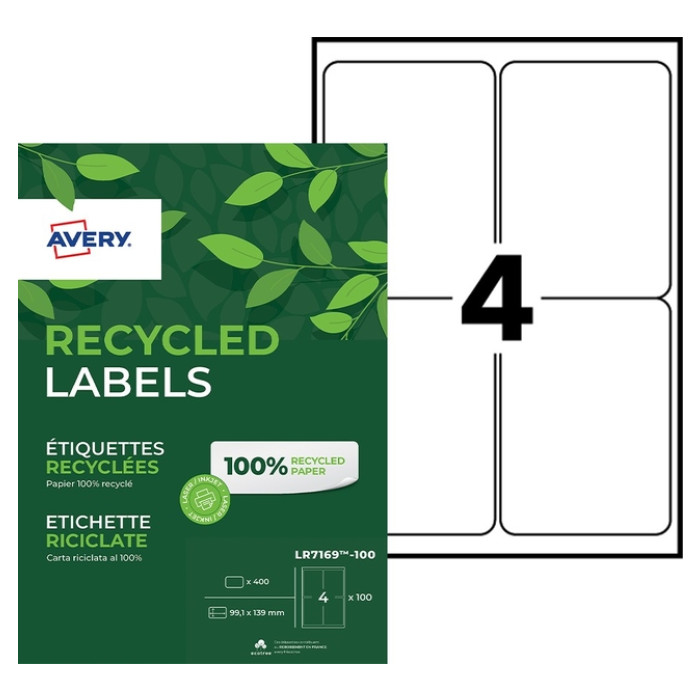 Etiket Avery LR7169-100 99.1x139 mm recycled wit 400stuks