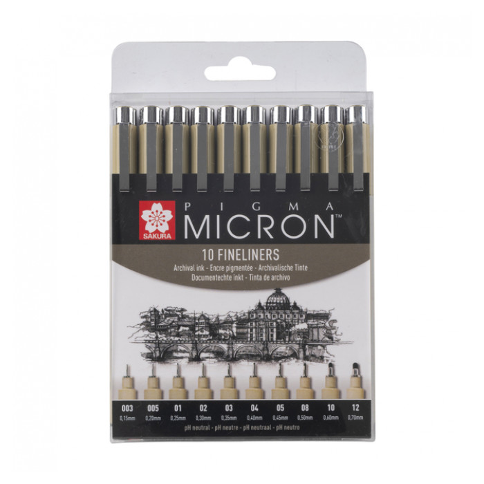 Fineliner Sakura Pigma Micron set à 10 schrijfbreedtes zwart