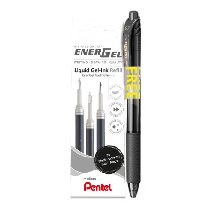 Gelschrijvervulling Pentel LR7 Energel met gratis gelpen medium zwart blister à 3 stuks