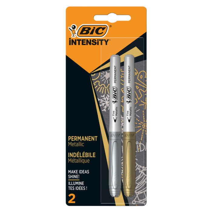 Viltstift Bic Intensity rond permanent fine metallic zilver en goud blister à 2 stuks
