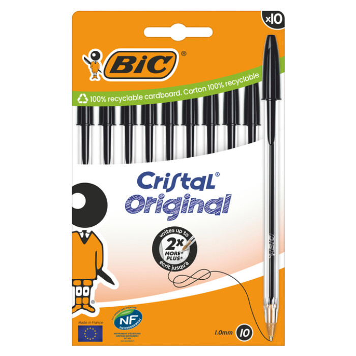 Balpen Bic Cristal medium zwart blister à 10 stuks