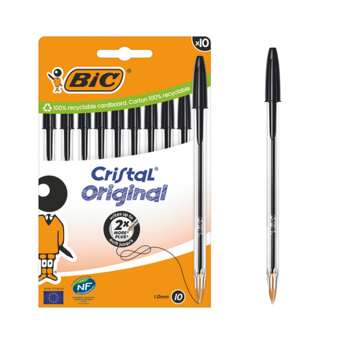 Balpen Bic Cristal medium zwart blister à 10 stuks