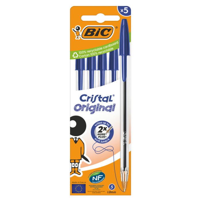 Balpen Bic Cristal medium blauw blister à 5 stuks