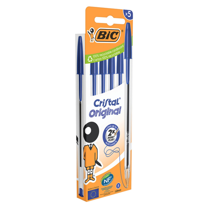 Balpen Bic Cristal medium blauw blister à 5 stuks