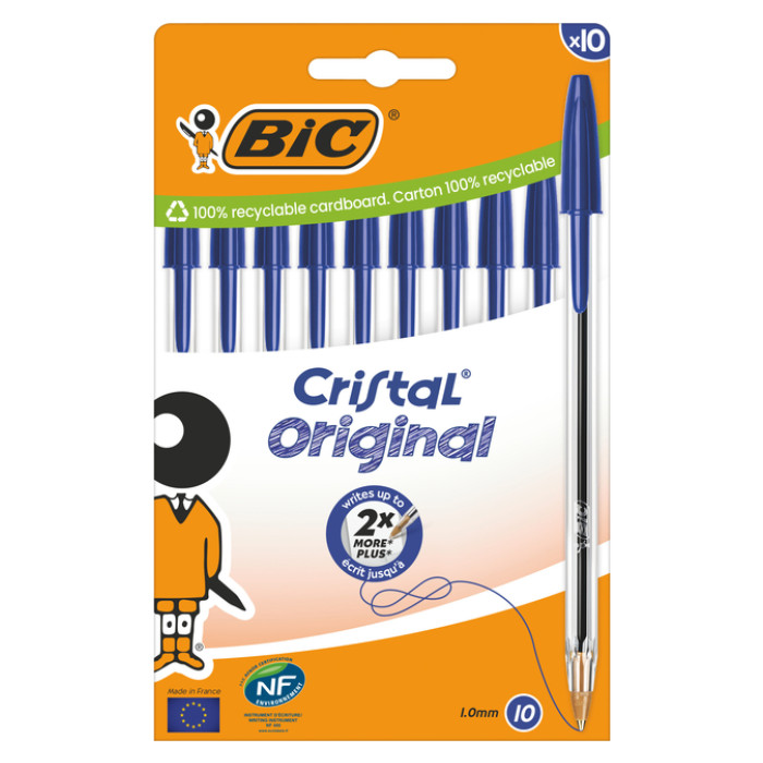 Balpen Bic Cristal medium blauw blister à 10 stuks