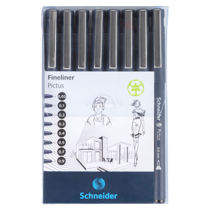 Fineliner Schneider Pictus zwart etui à 8 stuks