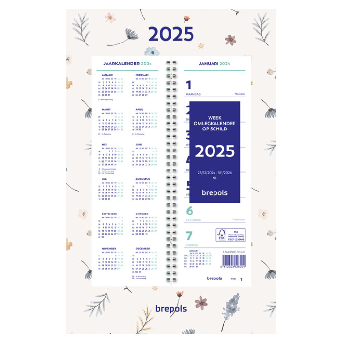 Weekkalender 2025 Brepols 190x130 7dagen/1pagina spiraal Fantasie assorti