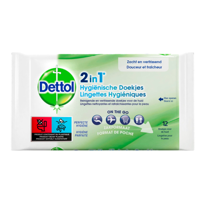 Hygiënische verfrissingsdoekjes Dettol Wipes 2-in-1 12st