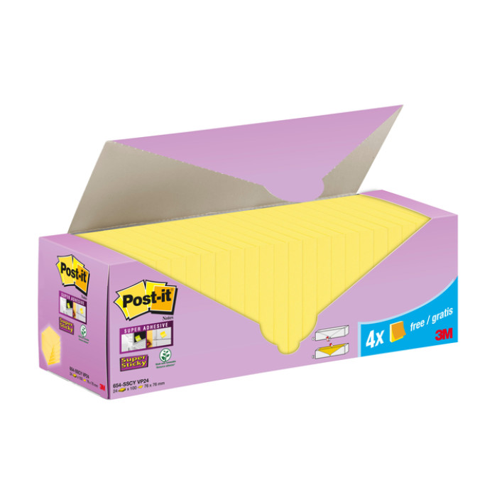 Memoblok 3M Post-it 654-SSCY Super Sticky 76x76mm geel voordeelpak