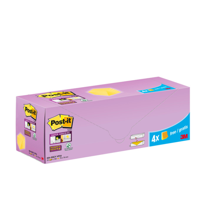 Memoblok 3M Post-it 654-SSCY Super Sticky 76x76mm geel voordeelpak