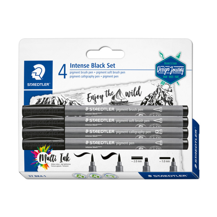 Brushpen Staedtler PigmentArts Intens zwart set à 4 schrijfbreedtes