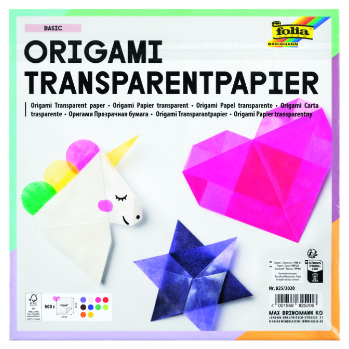 Origami papier Folia 20x20cm transparant 42gr 500 vel in 10 kleuren