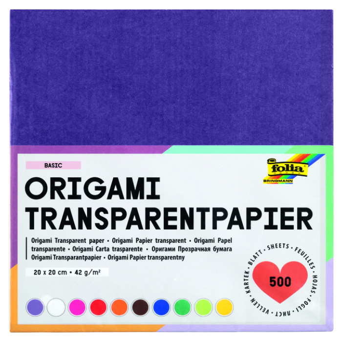 Origami papier Folia 20x20cm transparant 42gr 500 vel in 10 kleuren