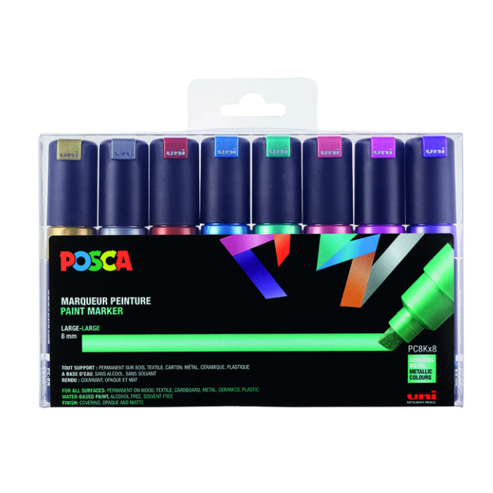 Verfstift Posca PC8K breed schuin metallic assorti set à 8 stuks