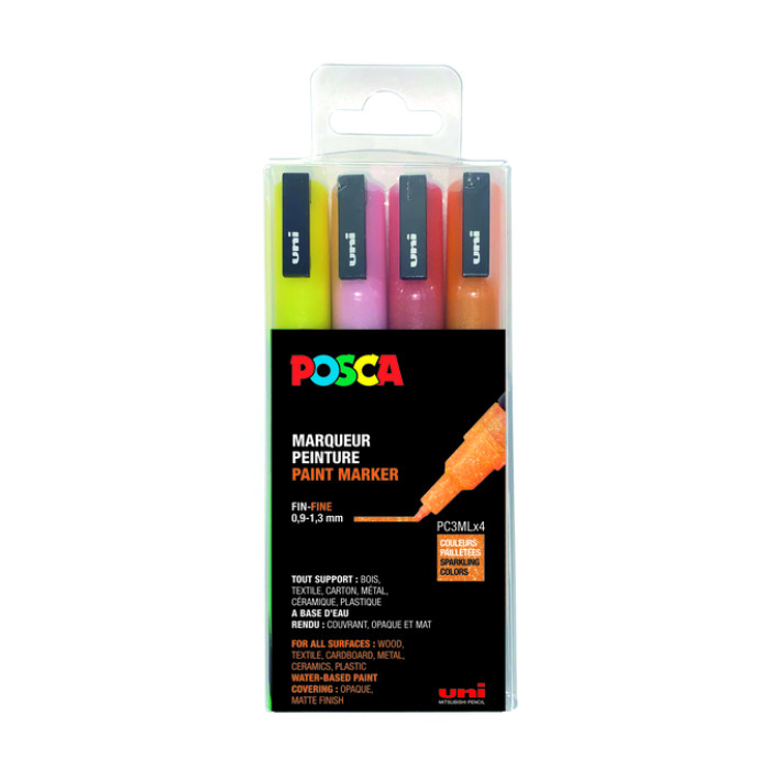 Verfstift Posca PC3M fijn glitter warm assorti set à 4 stuks