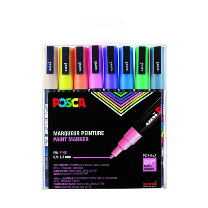 Verfstift Posca PC3M fijn pastel assorti set à 8 stuks