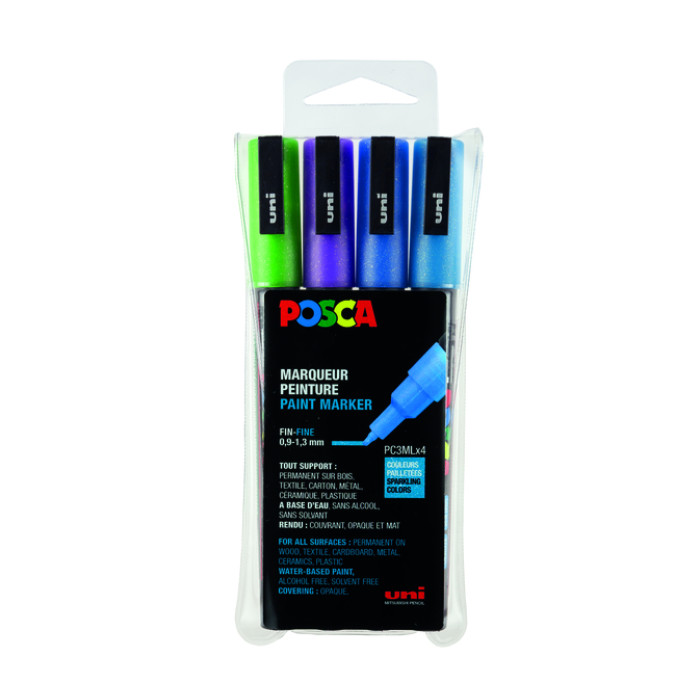 Verfstift Posca PC3M fijn glitter koel assorti set à 4 stuks