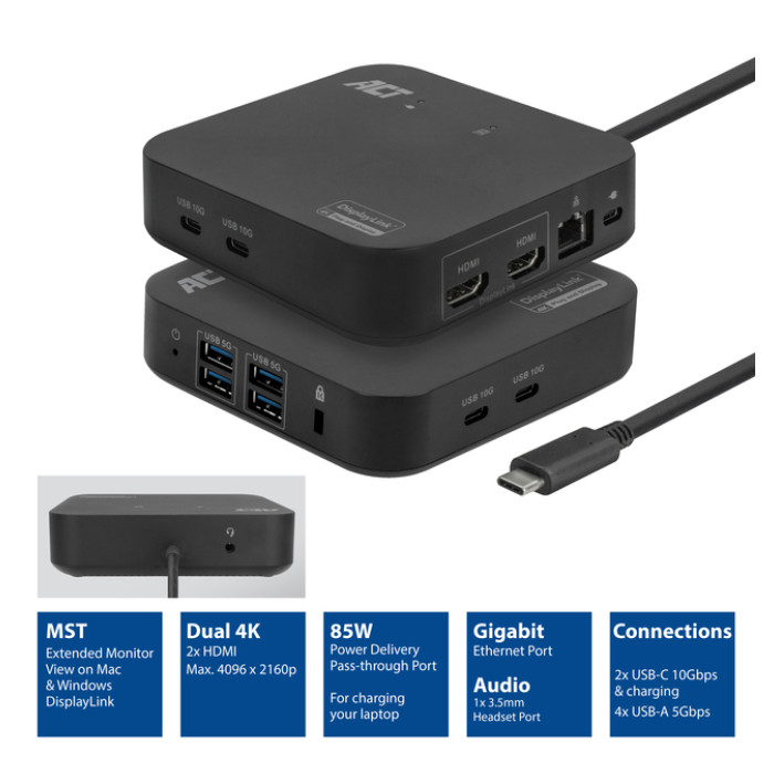 Dockingstation ACT USB-C Dual Monitor met Power Delivery