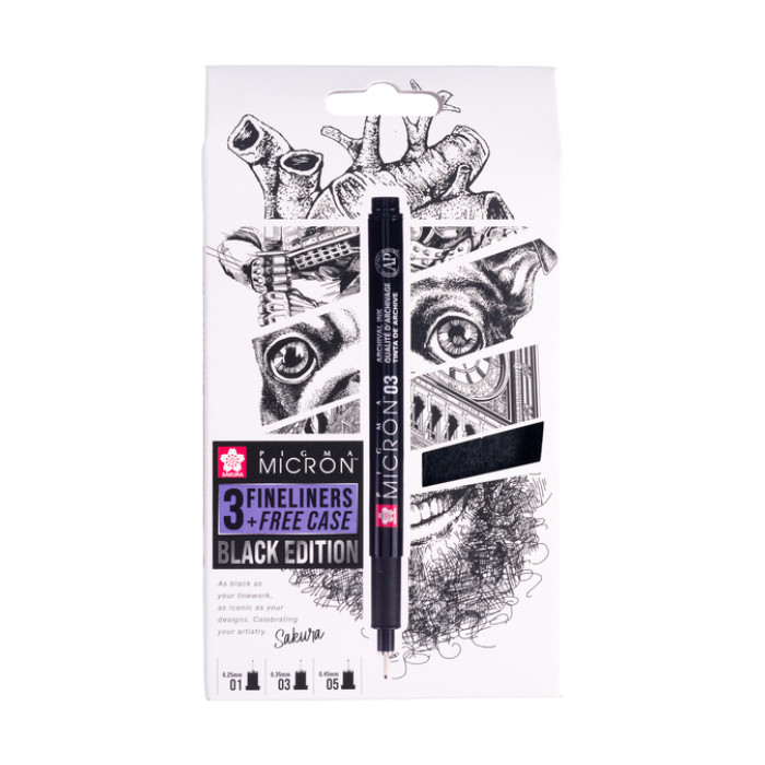 Fineliner Sakura Pigma Micron Black Edition set à 3 breedtes + gratis etui