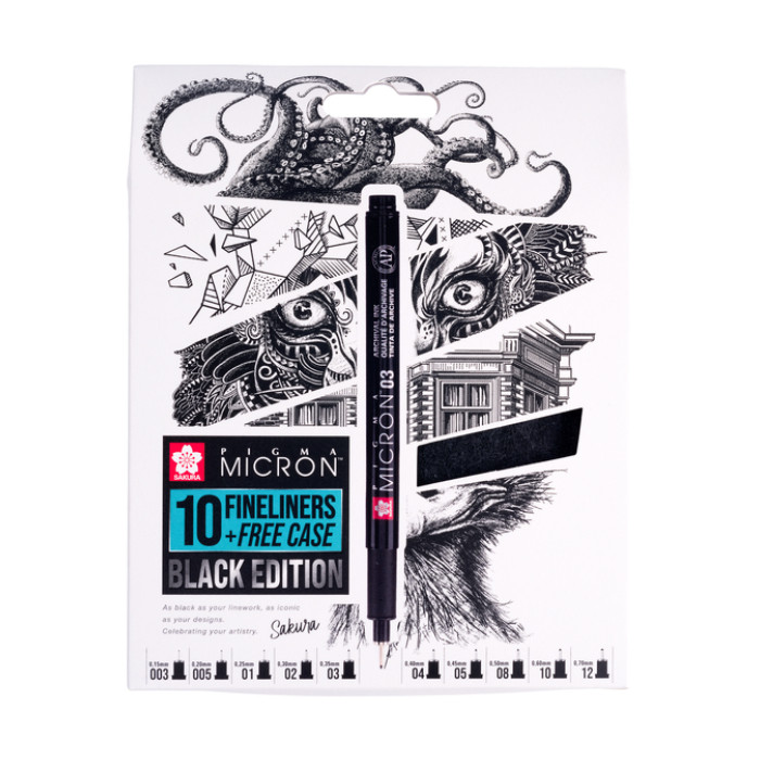 Fineliner Sakura Pigma Micron Black Edition set à 10 breedtes + gratis etui