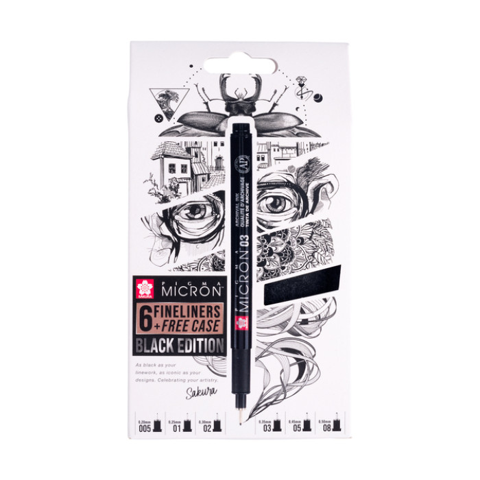 Fineliner Sakura Pigma Micron Black Edition set à 6 breedtes + gratis etui