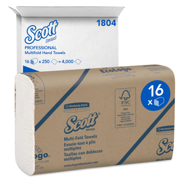 Handdoek Scott m-vouw 1-laags 23x23,5cm 16x250stuks wit 1804