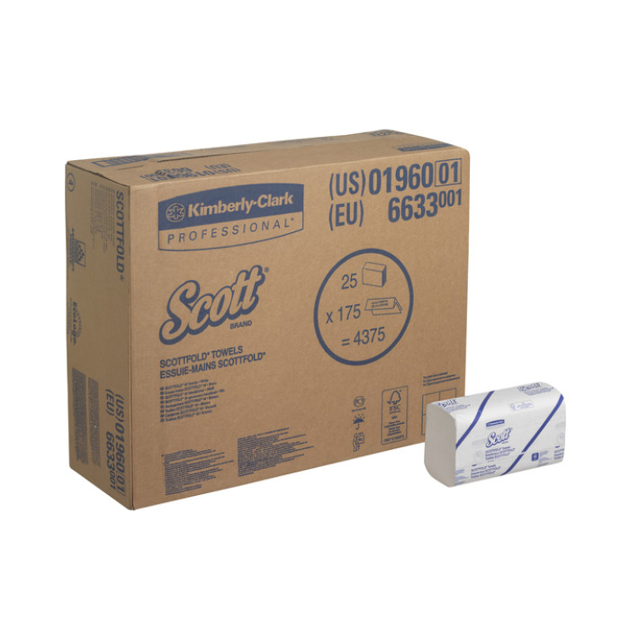 Handdoek Scott i-vouw 1-laags 20x31,5cm 25x175stuks wit 6633